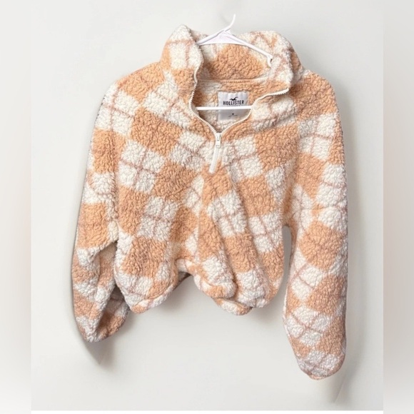 Hollister Women’s Sherpa Fleece Pullover Checkered Plaid Half Zip Tan White M - Picture 3 of 3